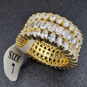 Detailed White Crystal Stone Ring Band Sterling Silver 18k Gold Plated Size 7